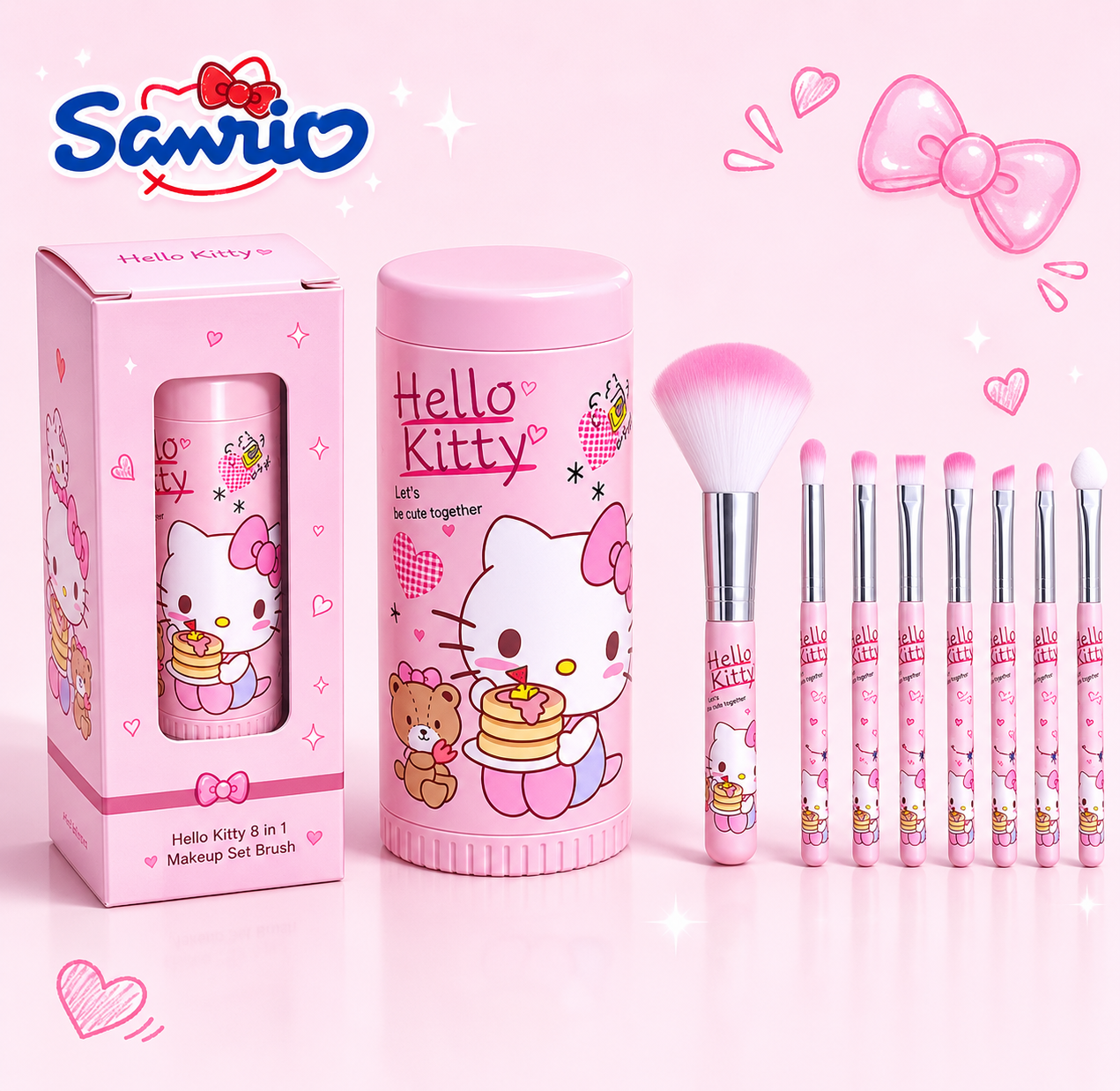 Sanrio Hello Kitty 8-Piece Makeup Brush Set – Anime Cartoon Cosmetic Brushes – Eyebrow, Lip, Eyeshadow & Blending Beauty Tools for Girls Gift
