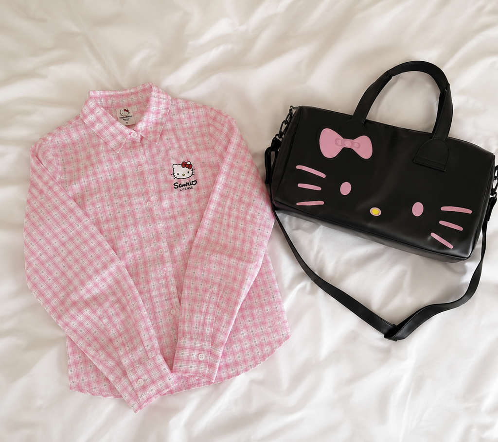 Hello Kitty Summer Bow Plaid Shirt – Casual Loose-Fit Cotton Blend Women’s Top