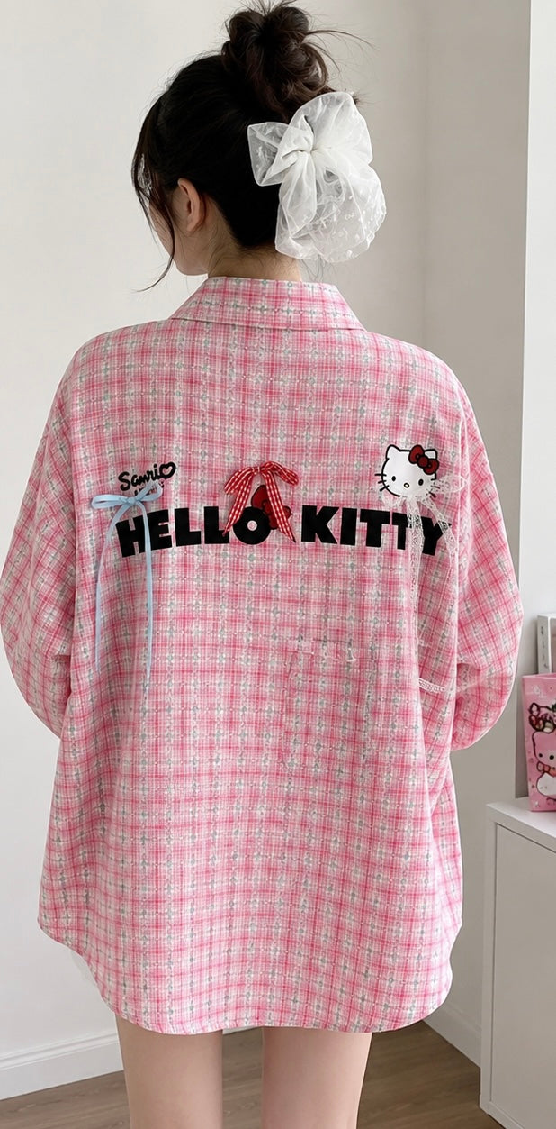 Hello Kitty Summer Bow Plaid Shirt – Casual Loose-Fit Cotton Blend Women’s Top