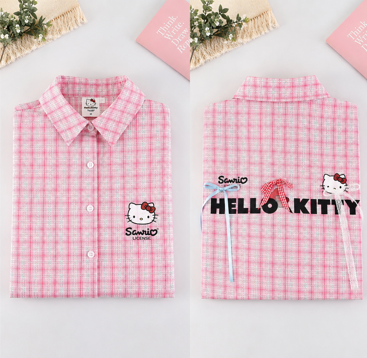 Hello Kitty Summer Bow Plaid Shirt – Casual Loose-Fit Cotton Blend Women’s Top