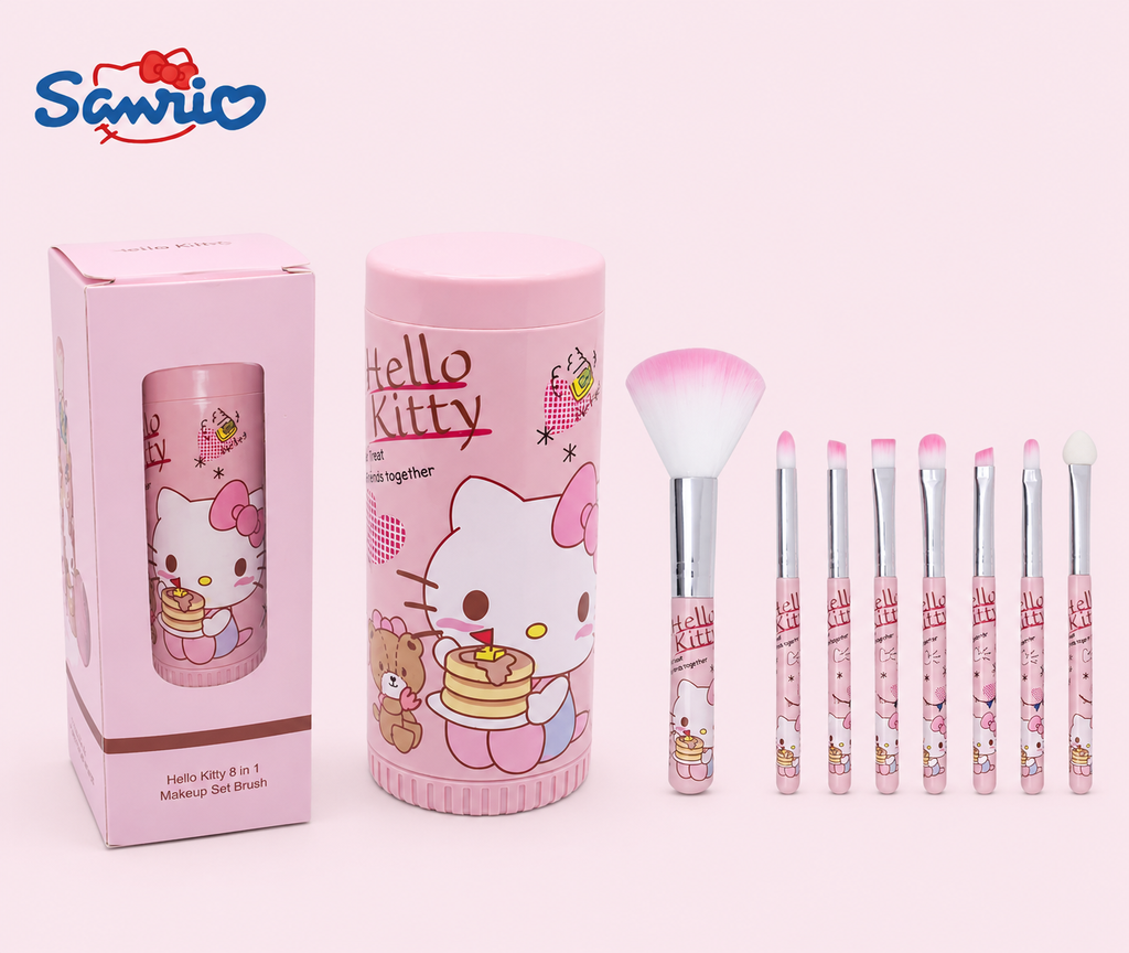 Sanrio Hello Kitty 8-Piece Makeup Brush Set – Anime Cartoon Cosmetic Brushes – Eyebrow, Lip, Eyeshadow & Blending Beauty Tools for Girls Gift