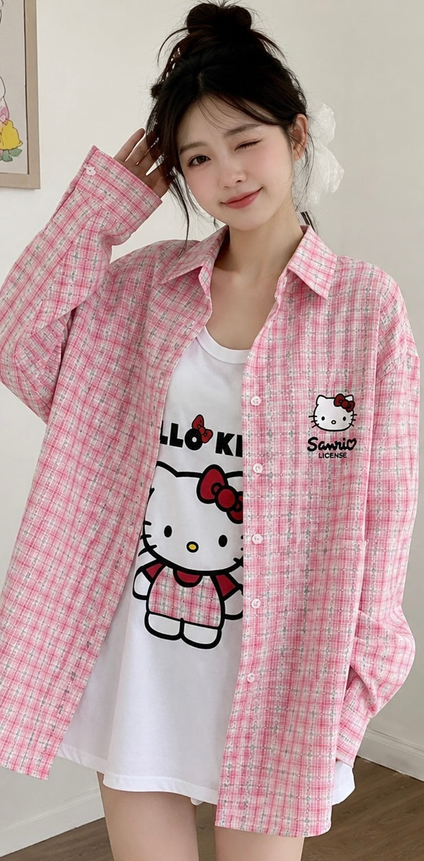 Hello Kitty Summer Bow Plaid Shirt – Casual Loose-Fit Cotton Blend Women’s Top