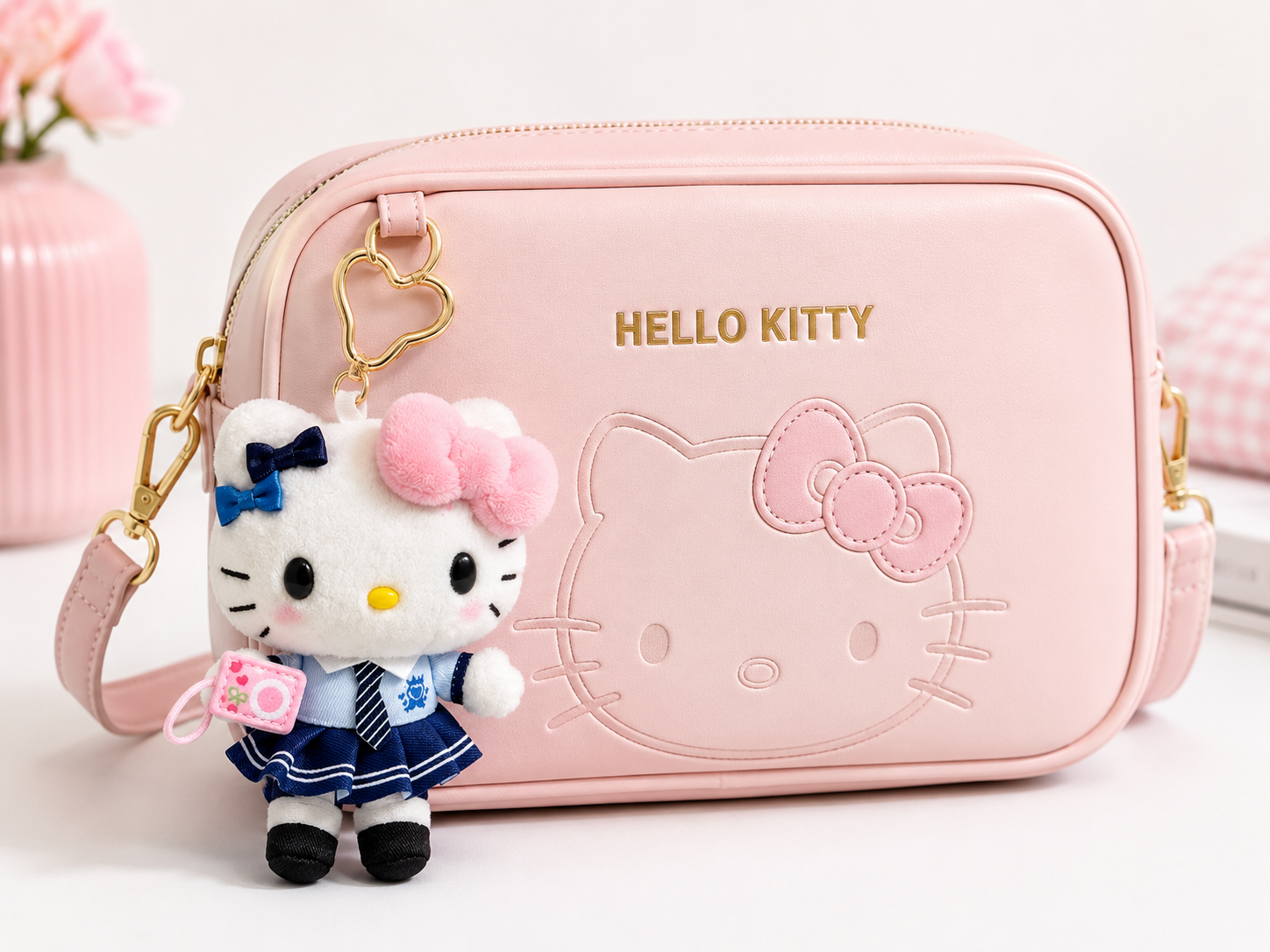 Cute Hello Kitty Plush Keychain School Uniform Bag Charm Kawaii Sanrio Style Accessory