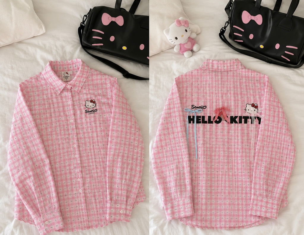 Hello Kitty Summer Bow Plaid Shirt – Casual Loose-Fit Cotton Blend Women’s Top
