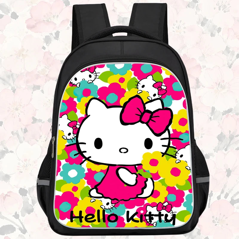 16-inch cartoon children's backpack, unisex, large capacity, double zippered pockets, ergonomic back support, Hello Kitty-theme