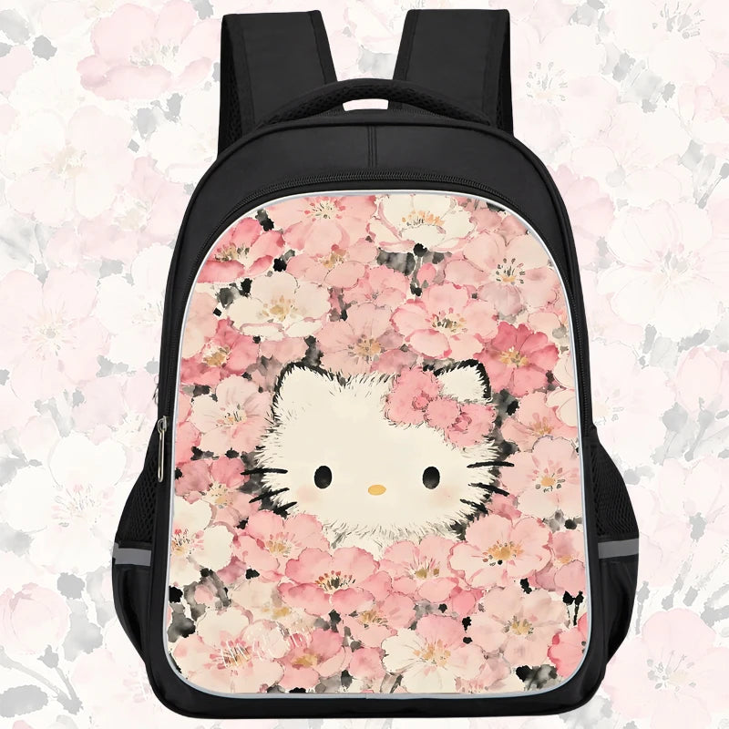 16-inch cartoon children's backpack, unisex, large capacity, double zippered pockets, ergonomic back support, Hello Kitty-theme