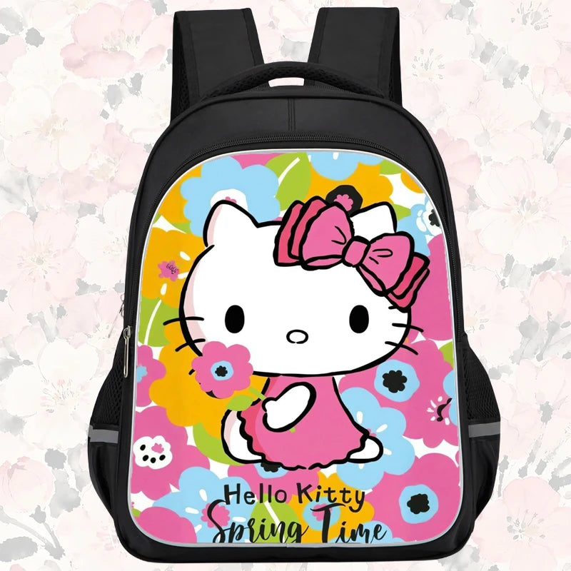 16-inch cartoon children's backpack, unisex, large capacity, double zippered pockets, ergonomic back support, Hello Kitty-theme