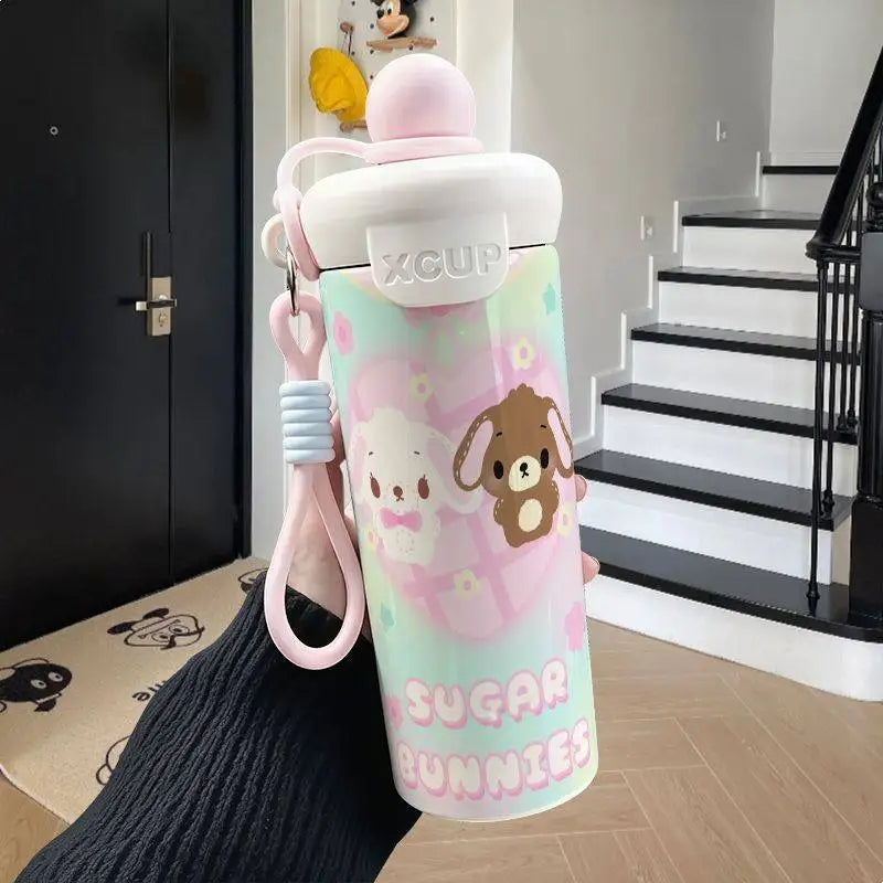 600ml Sugarbunnies Cute Cartoon Stainless Steel Floating Ball Straw Insulated Cup Large Capacity Portable Coffee Mug Plush Toys