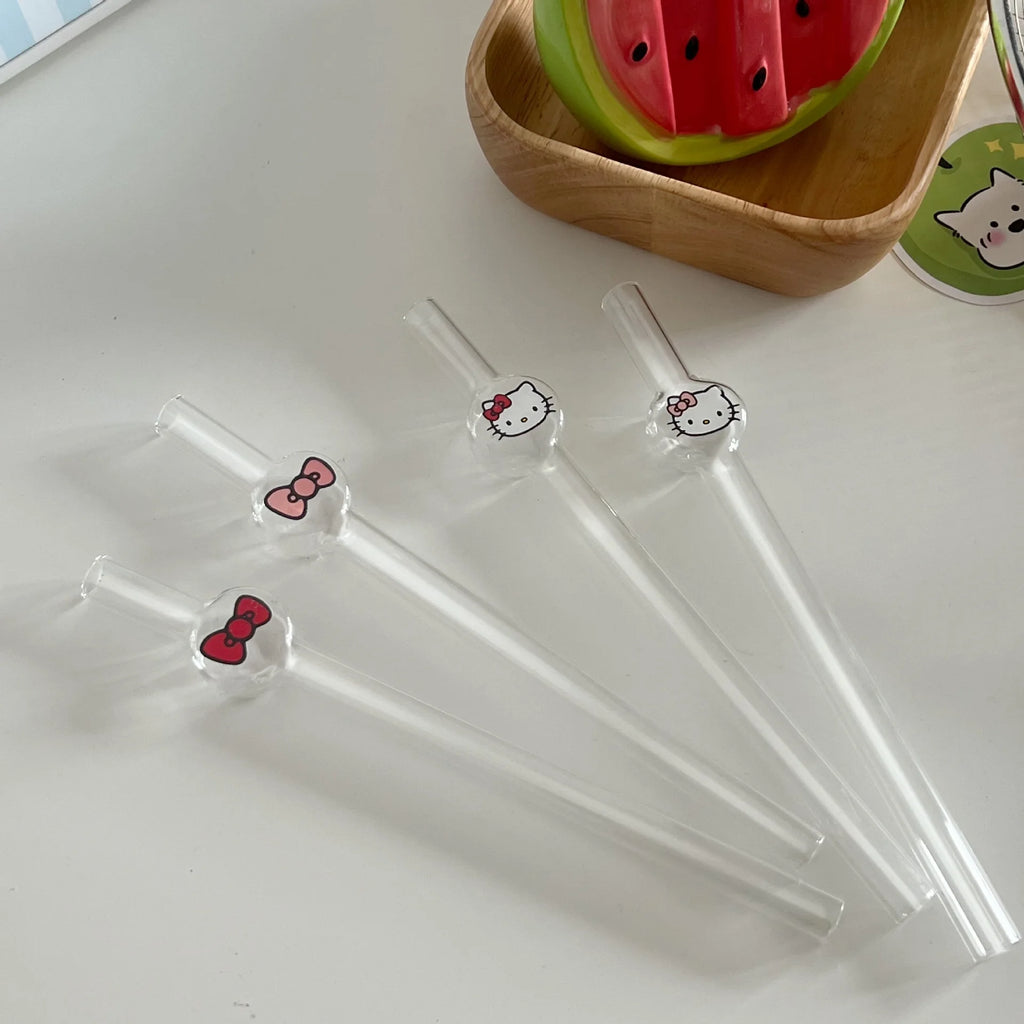 Hello Kitty Anime Ins Style Cute Cartoon Student Glass Straw KT Cat Creative High-value Household Thick Drinking Accessory Gifts