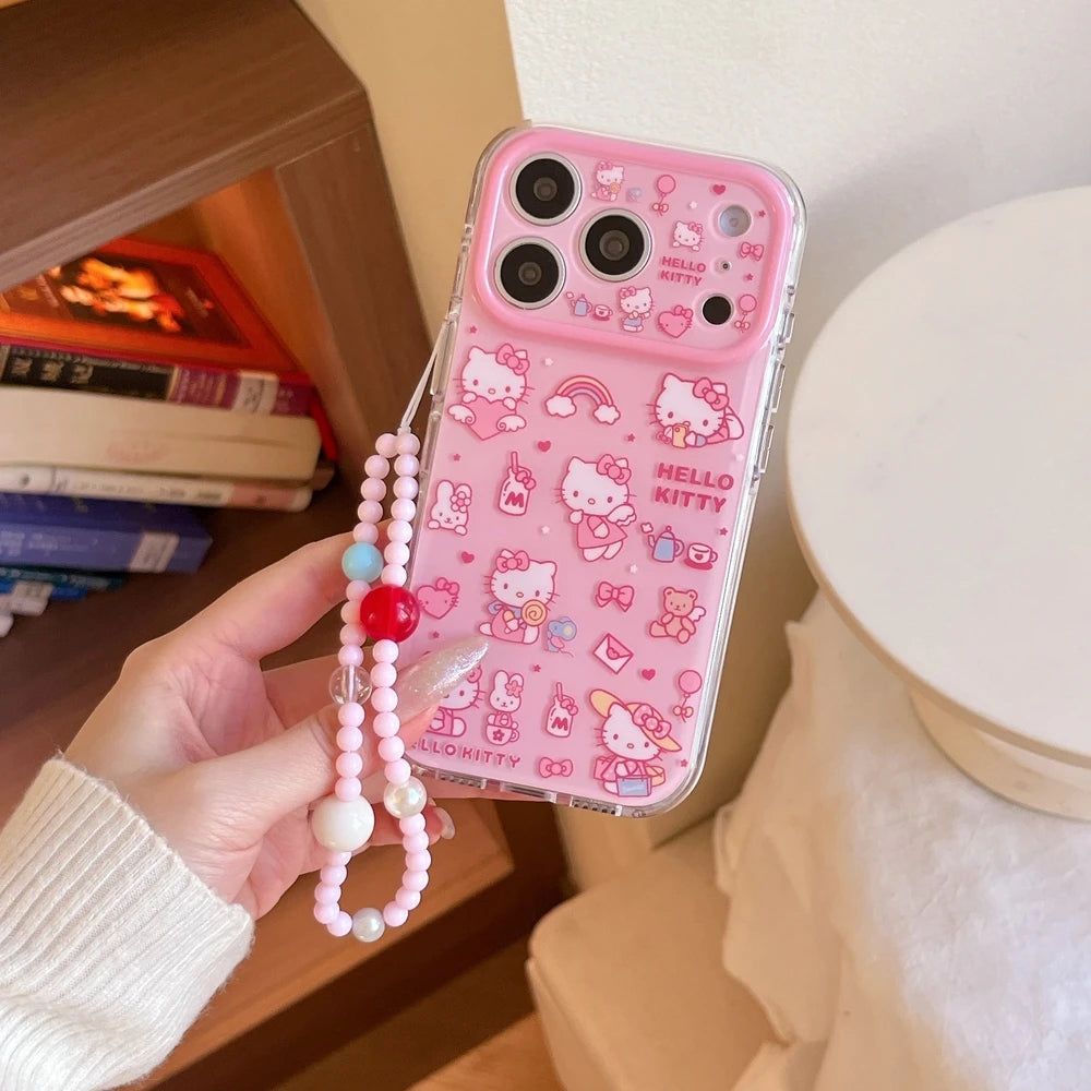 Cute Hello Kitty Illustration Phone Case with Lanyard – Shockproof Hard Cover for iPhone 13, 14, 15, 16 & 17 Pro Max