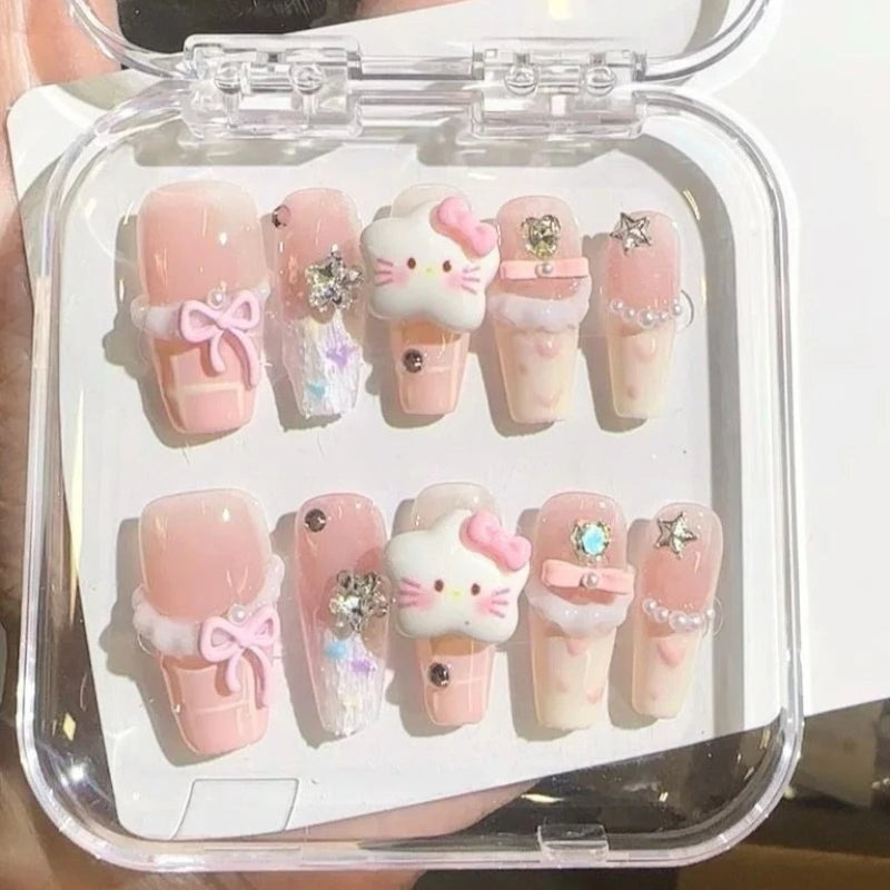 Hello Kitty Handmade Press-On Nails – Pink My Melody & Cinnamoroll Anime Nails – Detachable 3D Nail Art Decoration Set
