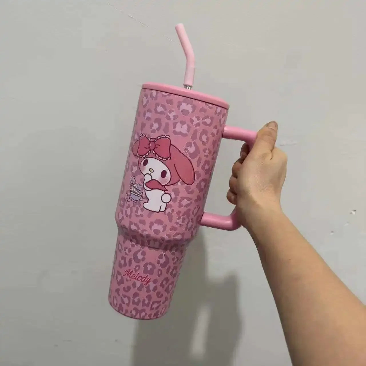 Hello Kitty Leopard Print Straw Thermos Water Bottle – Stainless Steel Insulated Cold Cup – Travel Sports Tumbler for Girls Birthday Gift.