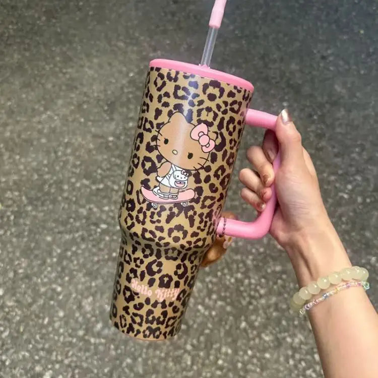 Hello Kitty Leopard Print Straw Thermos Water Bottle – Stainless Steel Insulated Cold Cup – Travel Sports Tumbler for Girls Birthday Gift.