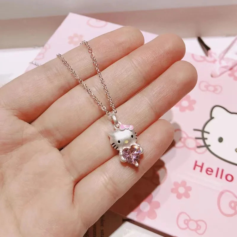 Hello Kitty Pink Crystal Necklace – Kawaii Sanrio Silver-Tone Charm Pendant Jewelry for Women & Girls