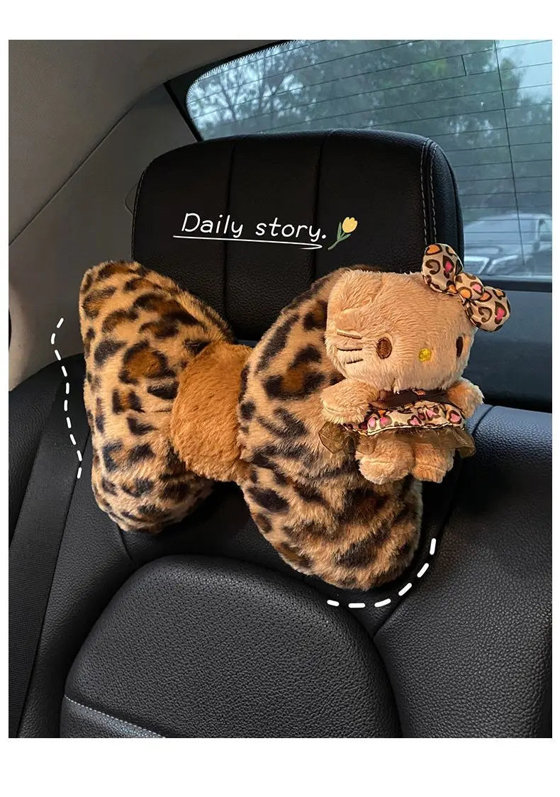 Hello Kitty Car Headrest Neck Pillow Seat Leopard Print Cushion Car Accessory for Girls Car Pillow Lumbar Support Accessories