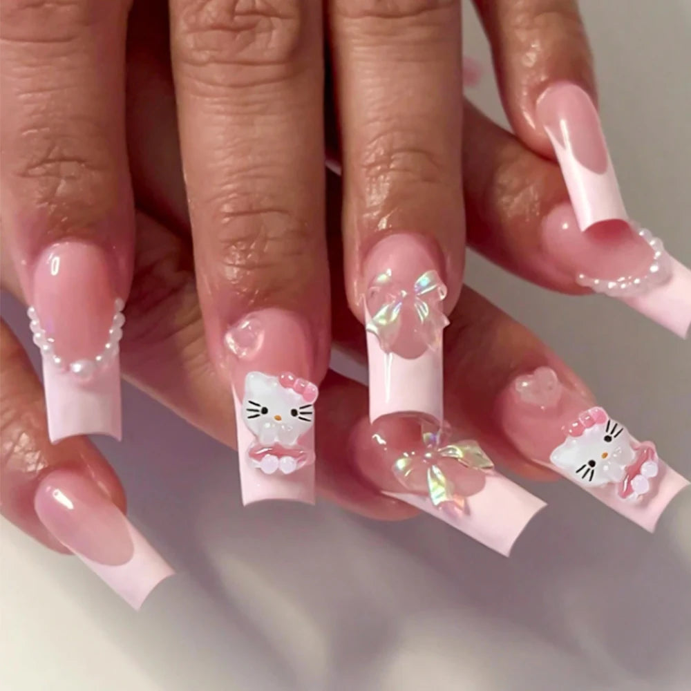 24Pcs 3D Hello Kitty Pearl Bow Press-On Nails – Medium Pink French Tip Nails – Cartoon Wearable Nail Set for Women