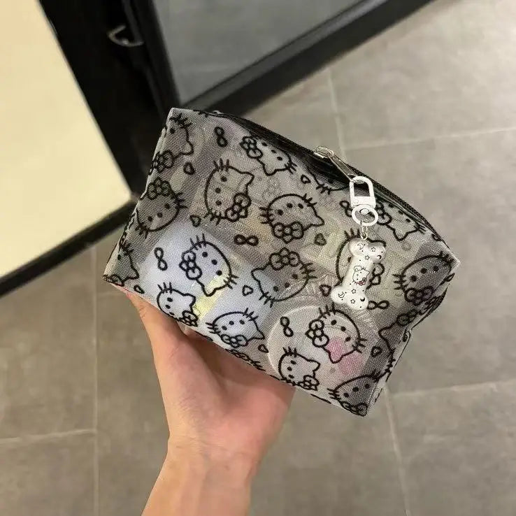 Hello Kitty Printed Transparent Mesh Makeup Bag – Large Capacity Travel Cosmetic Organizer