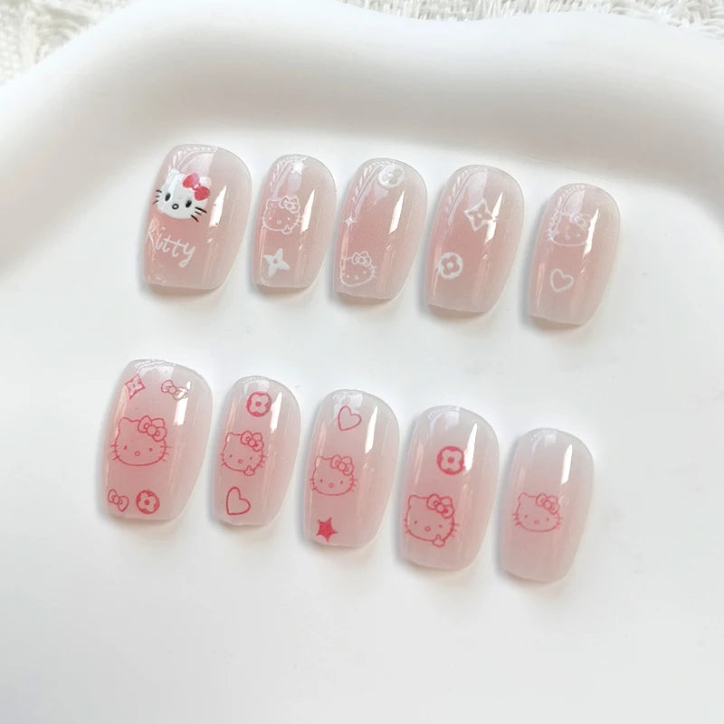 10Pcs Hello Kitty Press-On Nails – Cat Eye French Short False Nails – Handmade Wearable Manicure Nail Tips Set for Girls