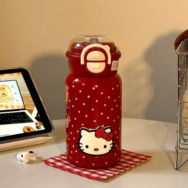 Hello Kitty Retro Red Polka Dot Thermos Cup – 316 Stainless Steel Vacuum Travel Water Bottle for Students