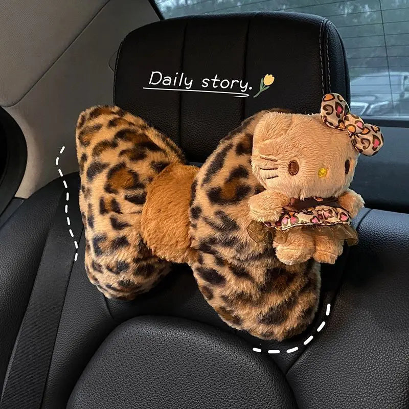 Hello Kitty Car Headrest Neck Pillow Seat Leopard Print Cushion Car Accessory for Girls Car Pillow Lumbar Support Accessories