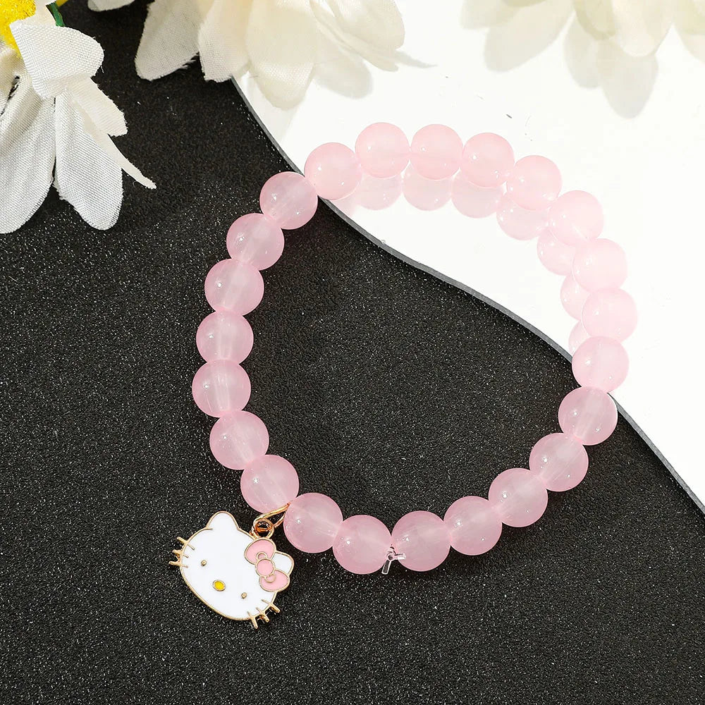 Hello Kitty Pink Glass Beaded Bracelet - Cute Cat Charm Pendant, Elastic Crystal Beads, Kawaii Jewelry Gift for Girls & Fans