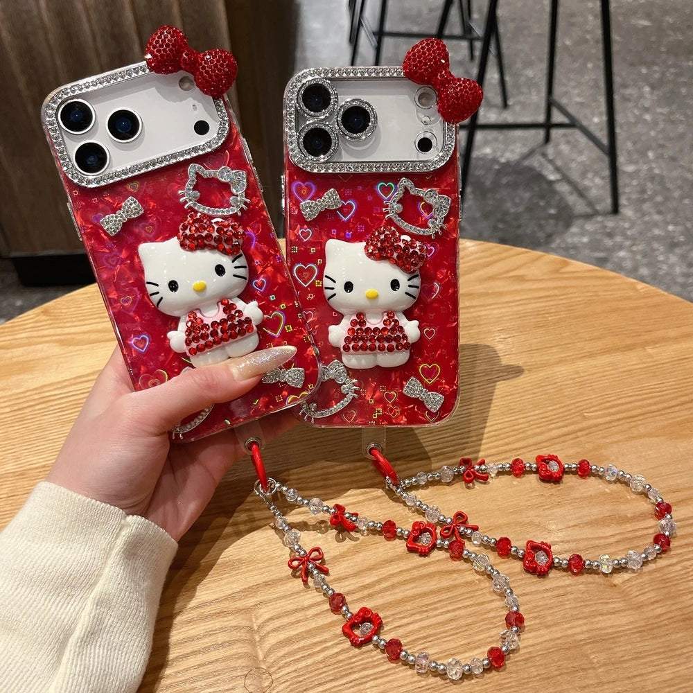 3D Hello Kitty Bling Glitter Phone Case – Cute Sparkly Hard Cover for iPhone 12, 13, 14, 15, 16 & 17 Pro Max