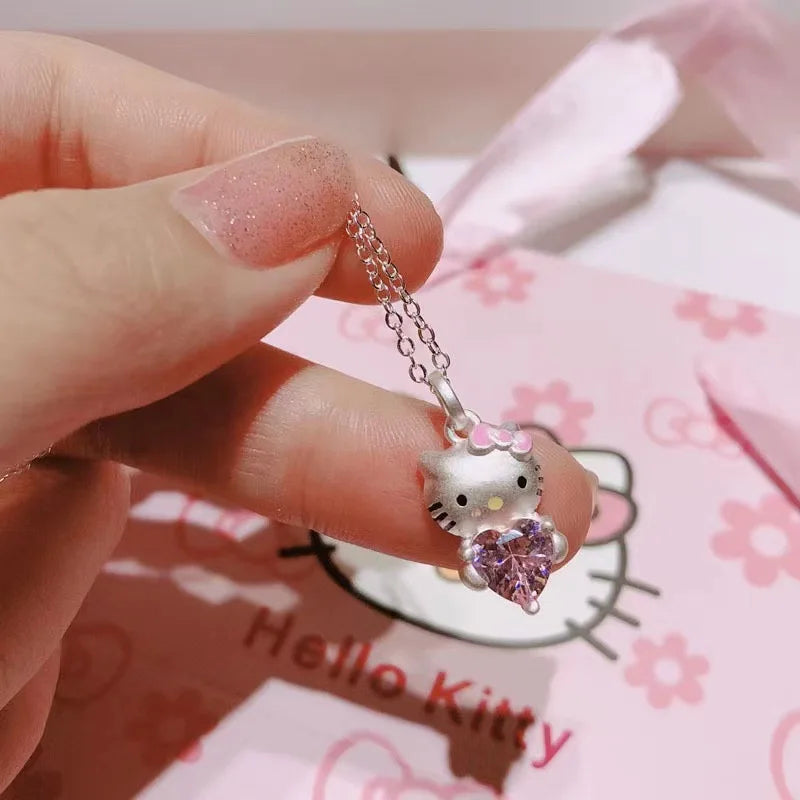 Hello Kitty Pink Crystal Necklace – Kawaii Sanrio Silver-Tone Charm Pendant Jewelry for Women & Girls