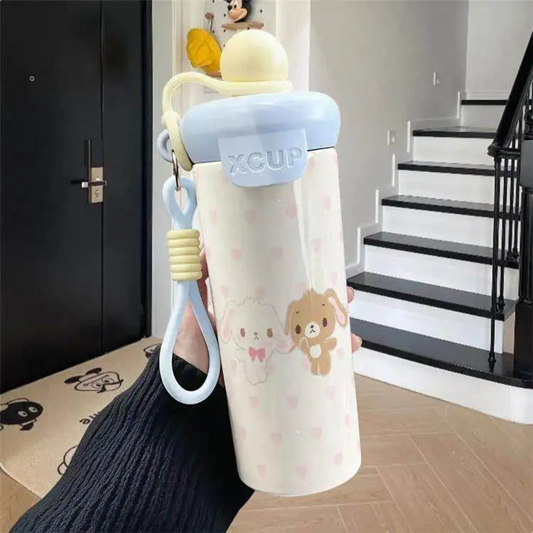 600ml Sugarbunnies Cute Cartoon Stainless Steel Floating Ball Straw Insulated Cup Large Capacity Portable Coffee Mug Plush Toys