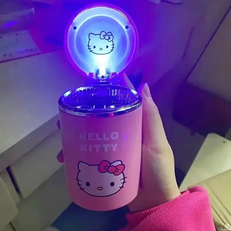 Hello Kitty LED Light-Up Car Ashtray – Cute Kawaii Cartoon Decor with Lid for Car Interior