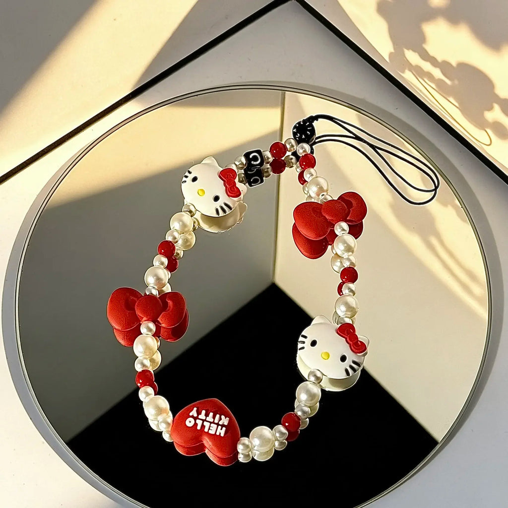 Cute Hello Kitty Beaded Phone Lanyard – Girly Phone Charm Strap & Anti-Lost Mobile Phone Chain