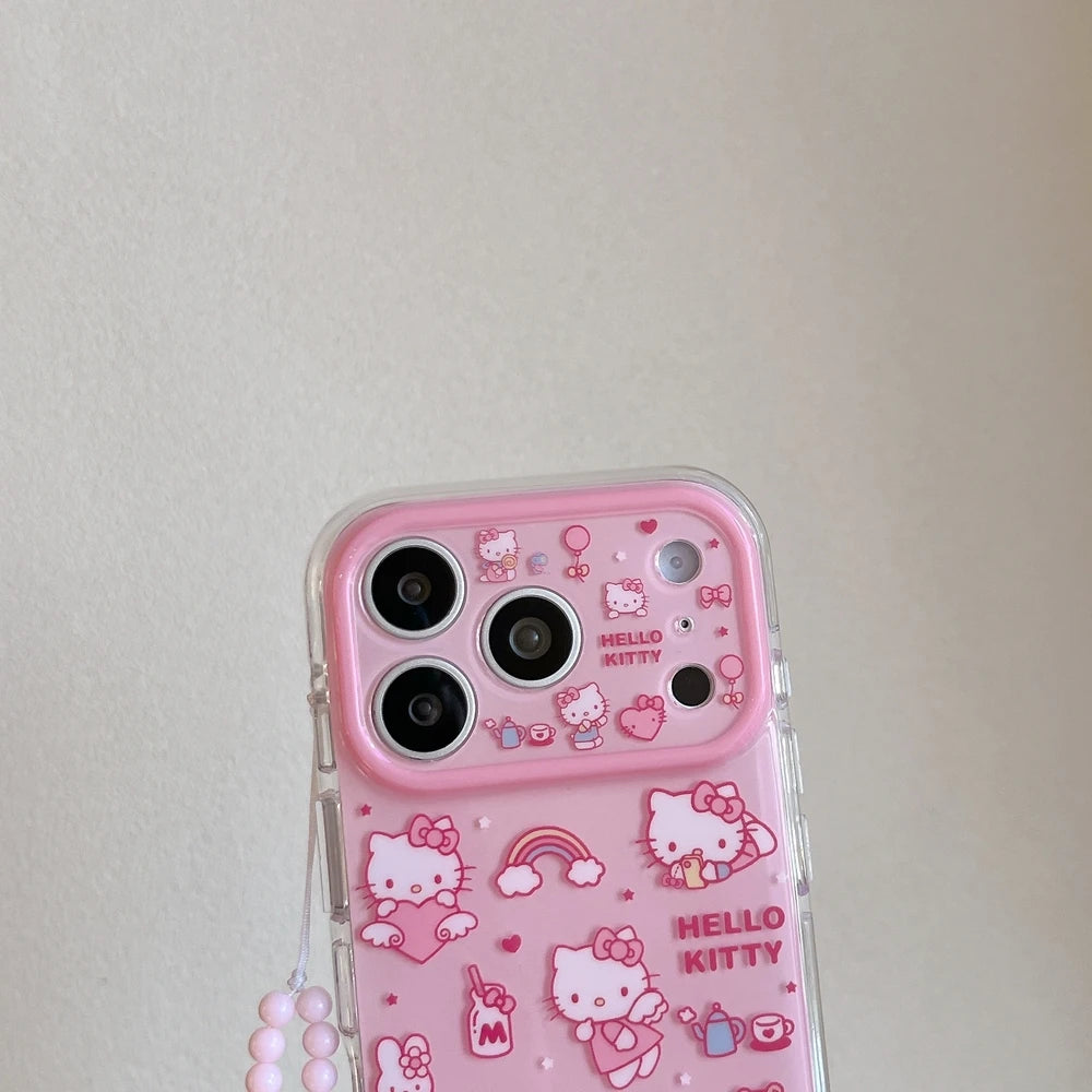 Cute Hello Kitty Illustration Phone Case with Lanyard – Shockproof Hard Cover for iPhone 13, 14, 15, 16 & 17 Pro Max