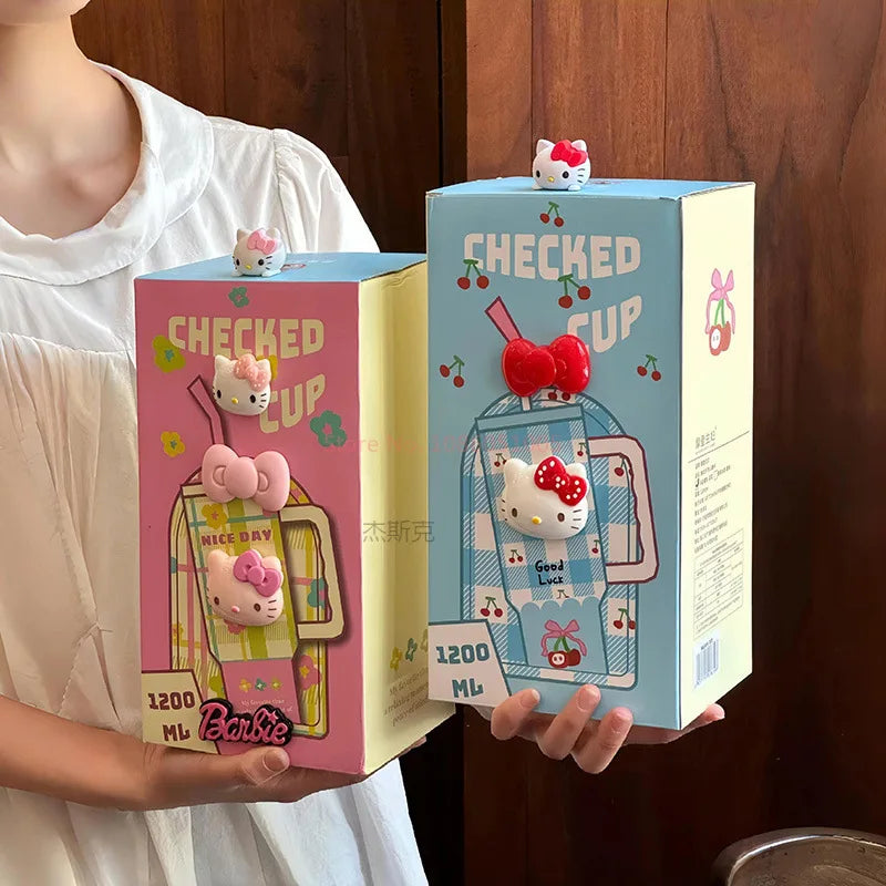 1200ml Hello Kitty 304 Stainless Steel Insulated Bottle – Pink & Blue Grid Thermo Tumbler – Large Capacity Hot & Cold Coffee Cup Water Bottle Mug Gift