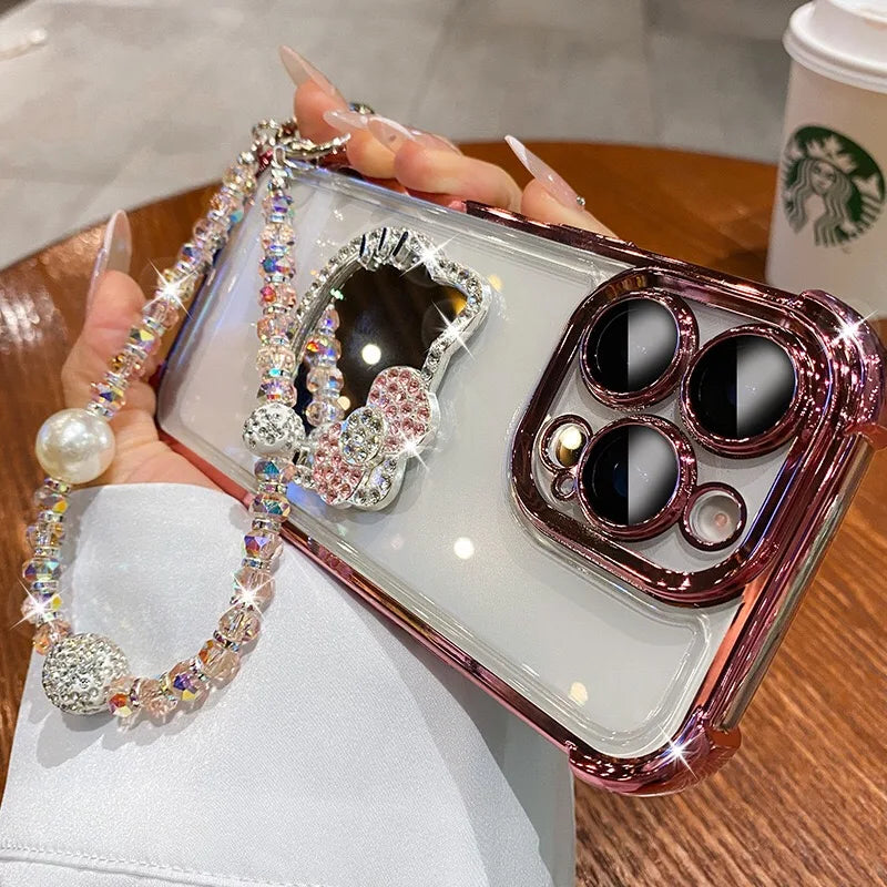 Hello Kitty Mirror Electroplated Phone Case with Bracelet – Shockproof Protective Cover for Motorola Moto Edge & Moto G Series