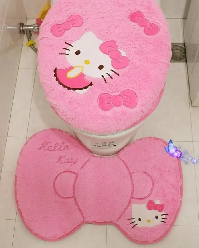 Hello Kitty 3-Piece Toilet Seat Cushion Set – Sanrio Plush Winter Bathroom Cover Set for Home Use