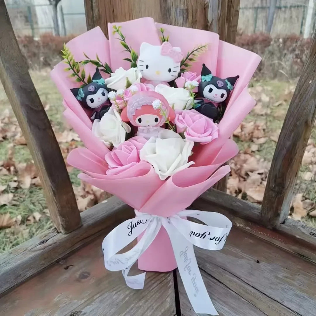 Hello Kitty Cartoon Plush Bouquet – Rose Flower Doll Arrangement for Home Decor & Gift (Valentine’s, Christmas & Wedding)