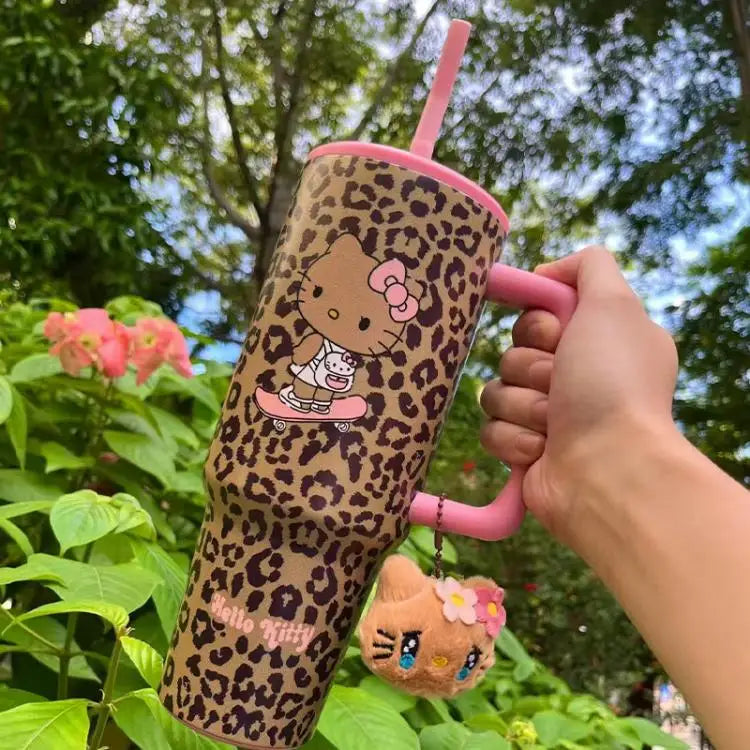 Hello Kitty Leopard Print Straw Thermos Water Bottle – Stainless Steel Insulated Cold Cup – Travel Sports Tumbler for Girls Birthday Gift.