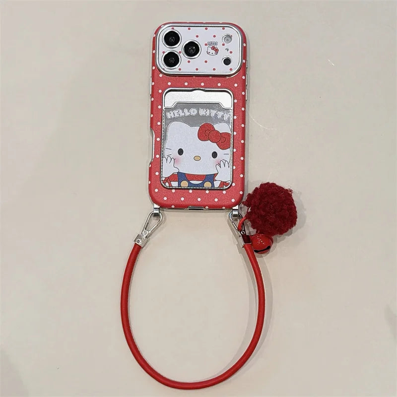 Hello Kitty Red Mirror Phone Case with Card Slot & Plush Wrist Strap – Cute Protective Cover for iPhone 13, 14, 15, 16 & 17 Pro Max