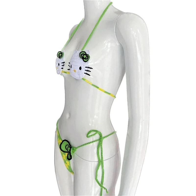 Hello Kitty Inspired Crochet Micro Bikini Set – Cute Kawaii Beachwear for Women