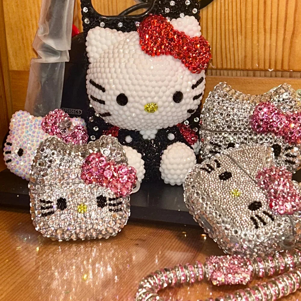 Hello Kitty Rhinestone Bling AirPods Case – Crystal Protective Cover with Keychain for AirPods Pro & AirPods