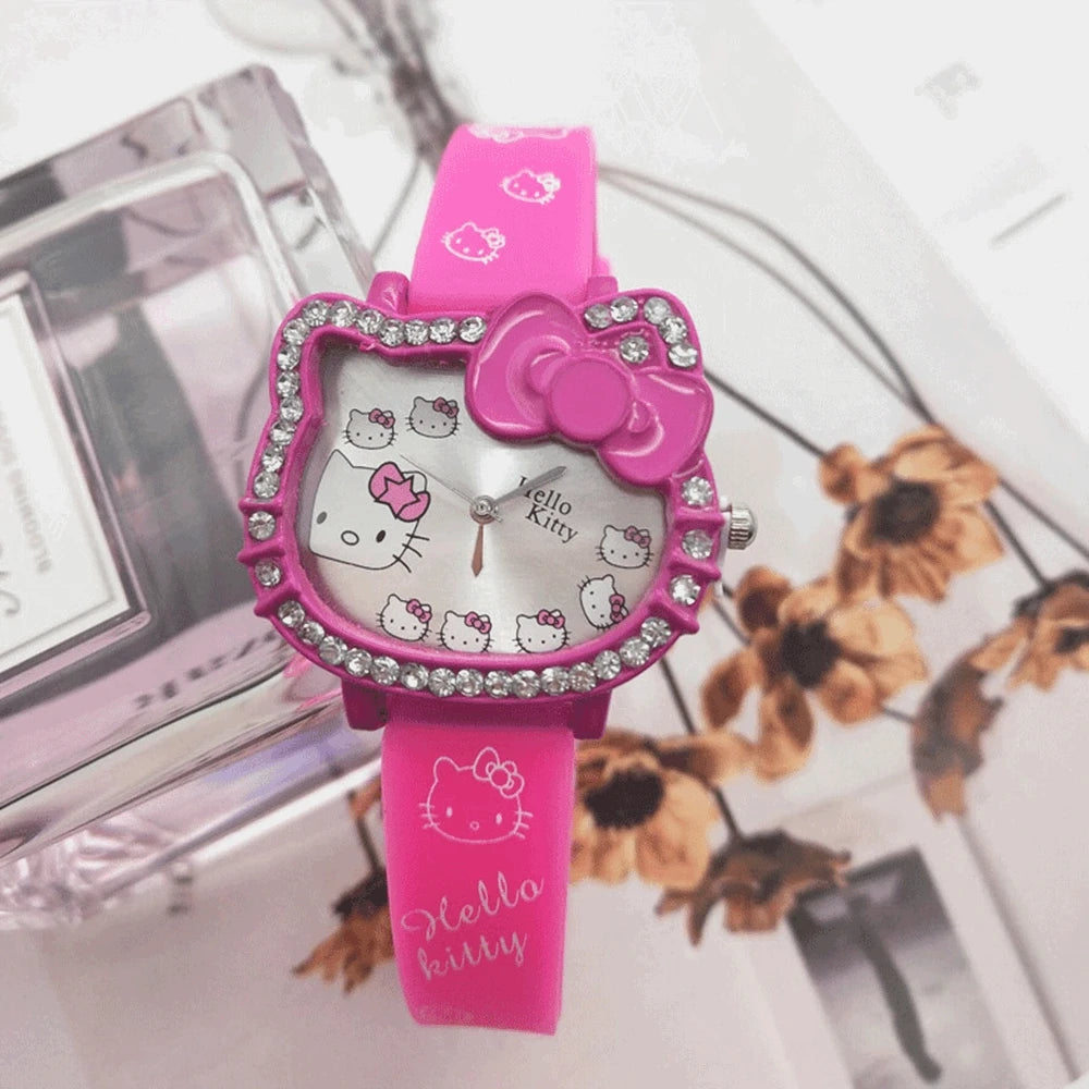 Hello Kitty Children's Cartoon Cat Head Student Electronic Silicone Diamond Bow Quartz Watch Party Kids Girls Gifts