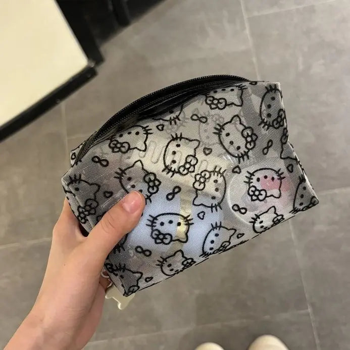 Hello Kitty Printed Transparent Mesh Makeup Bag – Large Capacity Travel Cosmetic Organizer