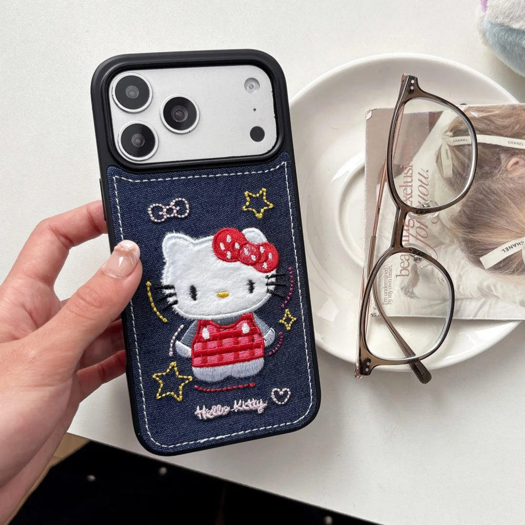 Luxury Denim Leather Pattern Cartoon Hello Kitty Case For iPhone 17 15 14 Pro Max 17 Pro Love Heart Stars Style Shockproof Cover