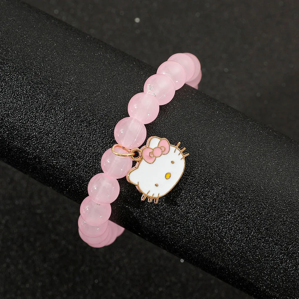 Hello Kitty Pink Glass Beaded Bracelet - Cute Cat Charm Pendant, Elastic Crystal Beads, Kawaii Jewelry Gift for Girls & Fans