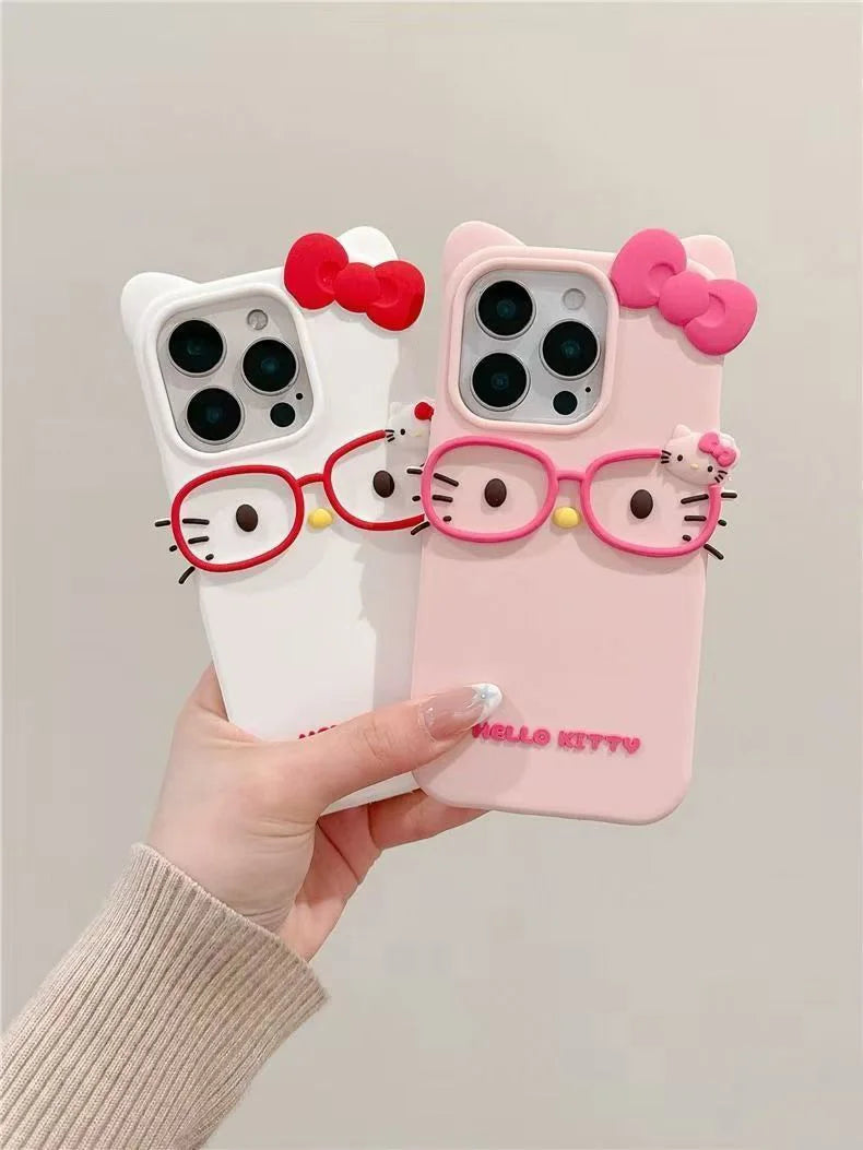 Hello Kitty 3D Glasses Cat Silicone Phone Case – Cute Shockproof Cover for iPhone 4/4S, 5/5S, SE, 7, 8, 11, 12 Mini, 13, 14, 15 Plus, 16 & 17 Pro Max