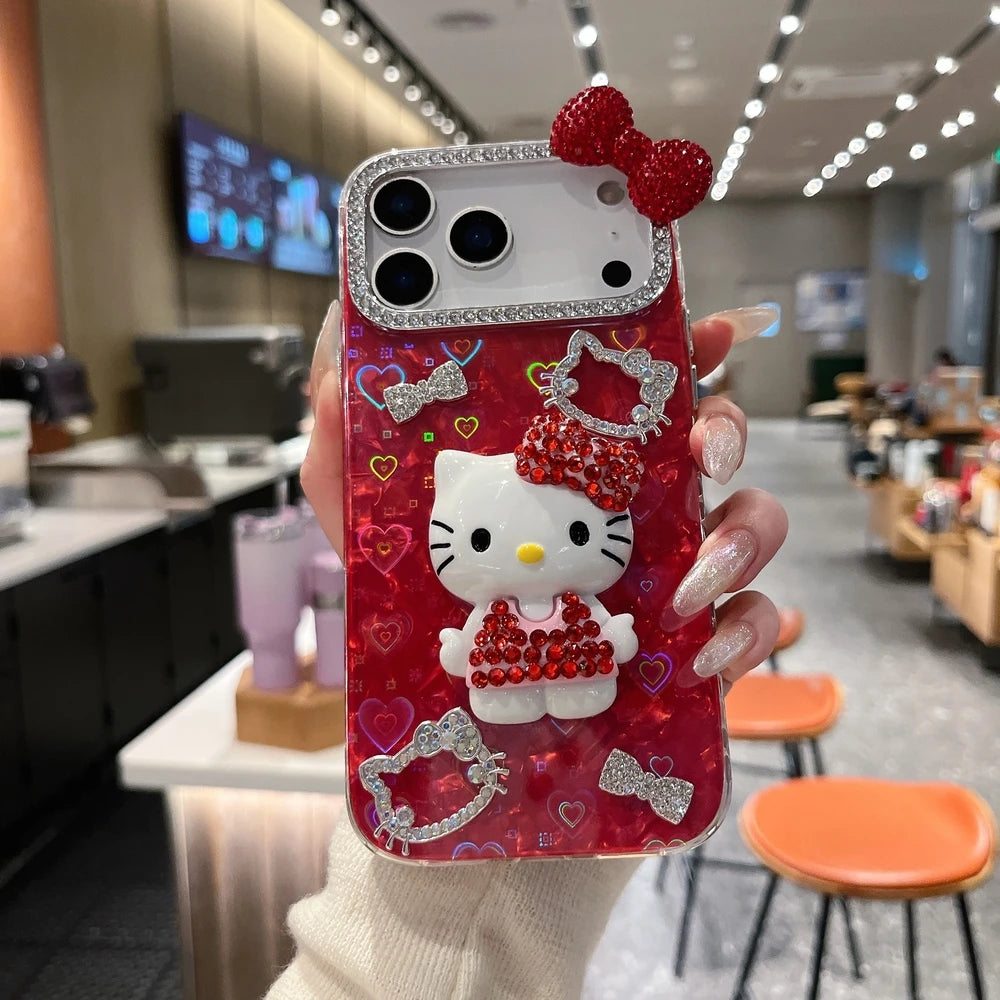 3D Hello Kitty Bling Glitter Phone Case – Cute Sparkly Hard Cover for iPhone 12, 13, 14, 15, 16 & 17 Pro Max