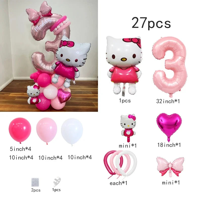 Hello Kitty Number Foil Balloon Set, Cute Cartoon Bubble Mart, Kids Birthday Party Decoration, Room Decor