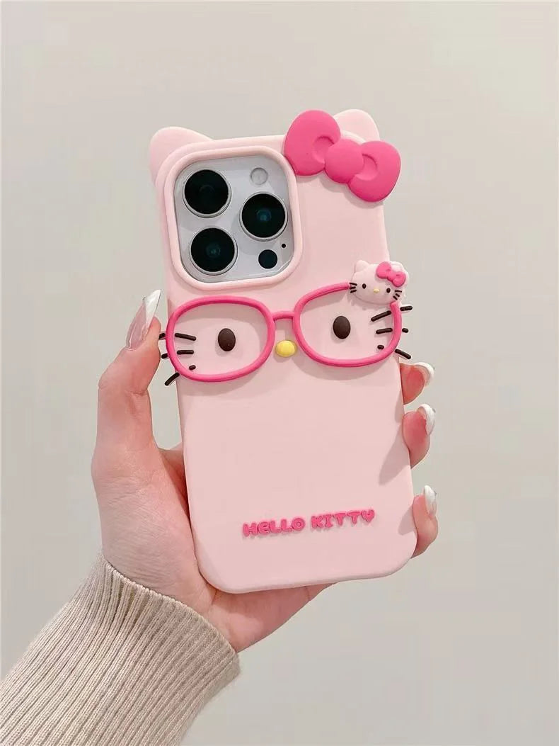 Hello Kitty 3D Glasses Cat Silicone Phone Case – Cute Shockproof Cover for iPhone 4/4S, 5/5S, SE, 7, 8, 11, 12 Mini, 13, 14, 15 Plus, 16 & 17 Pro Max