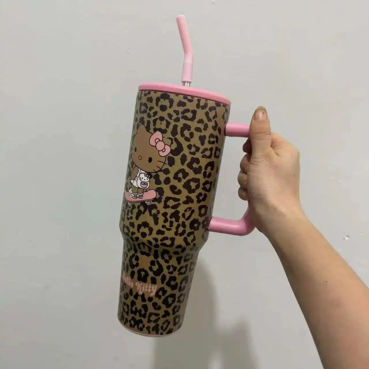 Hello Kitty Leopard Print Straw Thermos Water Bottle – Stainless Steel Insulated Cold Cup – Travel Sports Tumbler for Girls Birthday Gift.