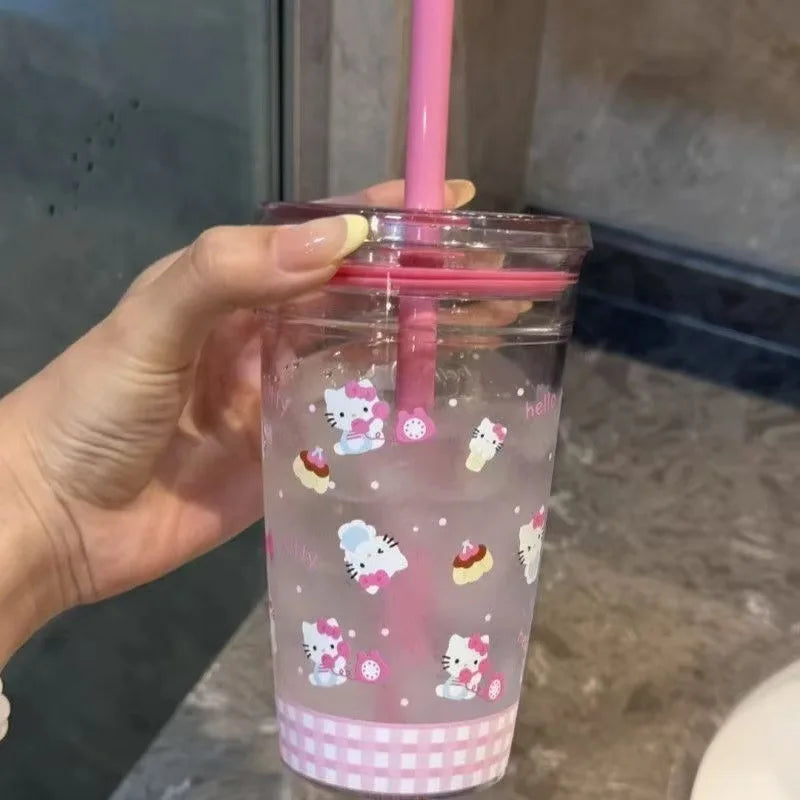 Pink HelloKitty Cat Straw Cup with Lid Plastic Student Portable Cup KT Cat High-Capacity Transparent Plastic Water Cup Girl Gift
