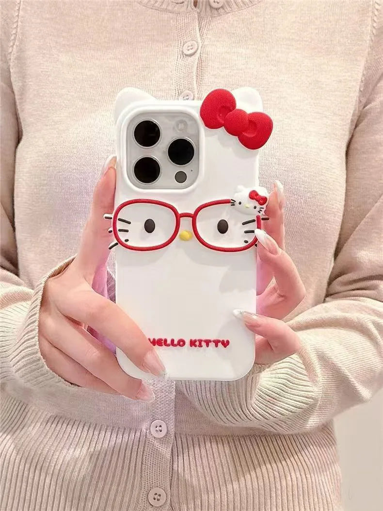Hello Kitty 3D Glasses Cat Silicone Phone Case – Cute Shockproof Cover for iPhone 4/4S, 5/5S, SE, 7, 8, 11, 12 Mini, 13, 14, 15 Plus, 16 & 17 Pro Max